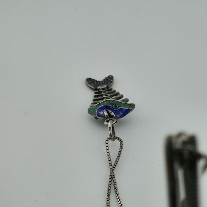Sterling Silver 925 Green Blue Enamel Fish Bone Pendant Moveable Parts Vintage