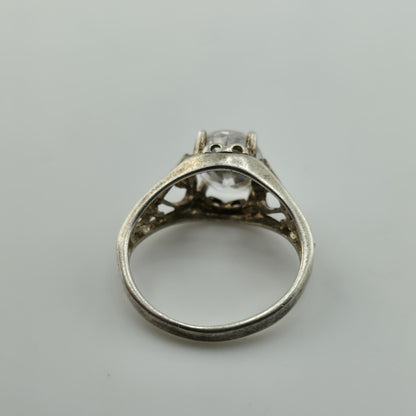 Sterling Silver 925 Large Clear Stone Ring Filigree Heart Vintage Size 7.5