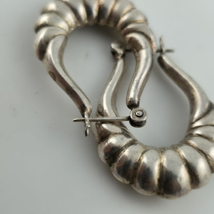 Sterling Silver Earrings Ribbed Latch Hoop Marked 925 Vintage Patina 1.3"