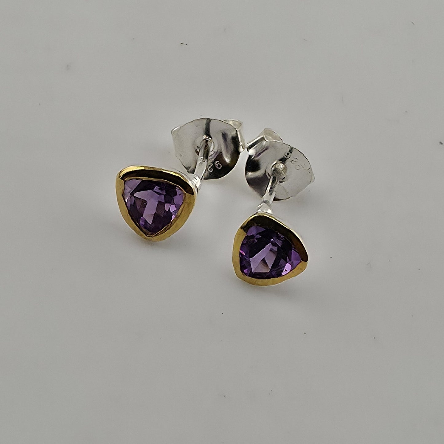 925 Sterling Silver Stud Earrings Natural Purple Amethyst Two Tone