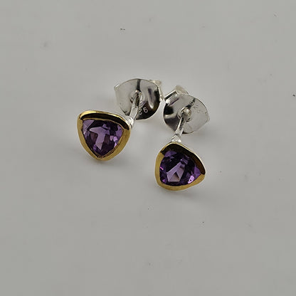 925 Sterling Silver Stud Earrings Natural Purple Amethyst Two Tone