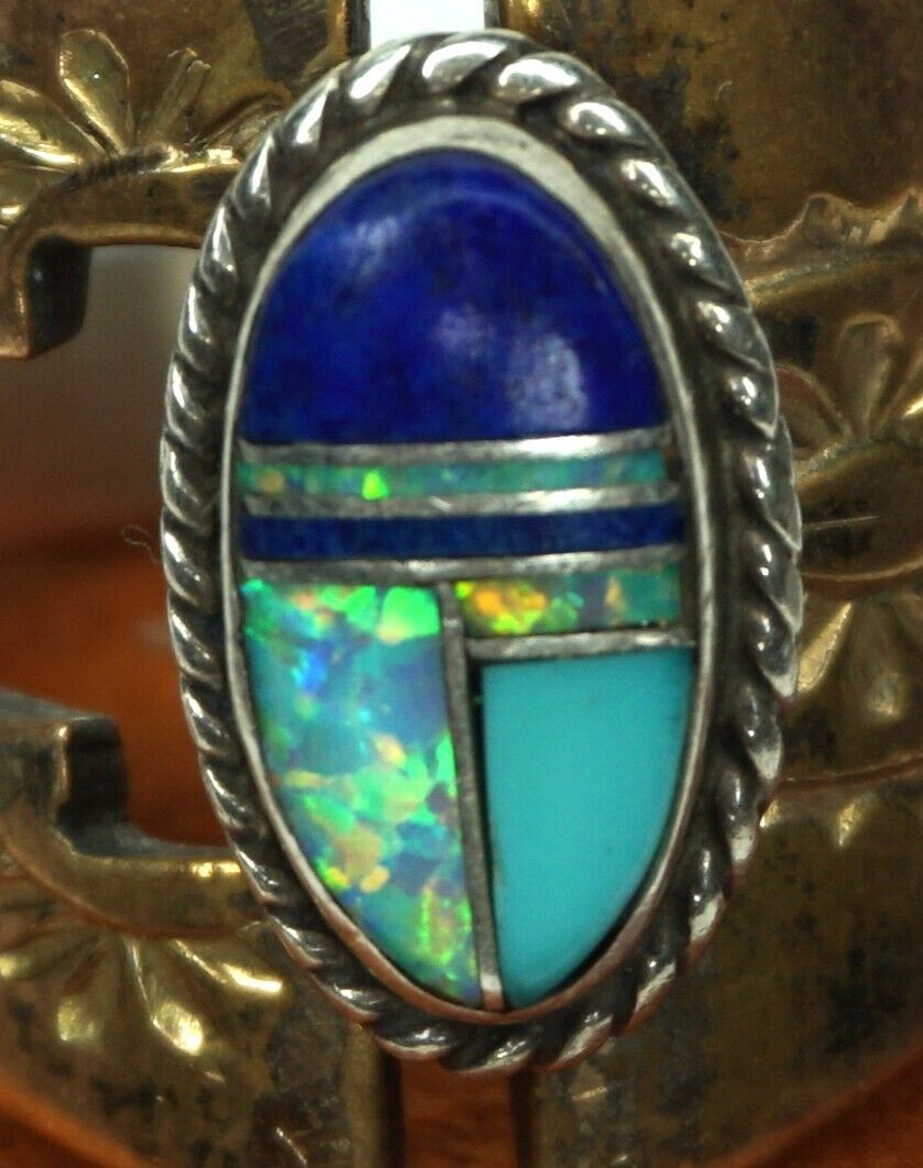 Larry Pacheco Vintage Ring  7 Sterling Silver Copper Lapis Opal Inlay Southwest