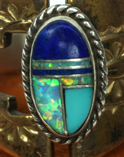 Larry Pacheco Vintage Ring  7 Sterling Silver Copper Lapis Opal Inlay Southwest