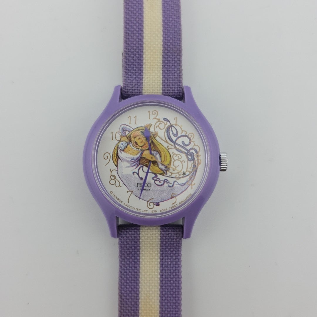 Picco Ms Piggy Watch Women Purple White Round Nylon Band Manual Wind Vintage