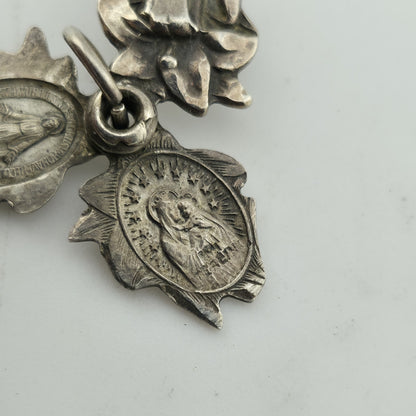 ORNATE ART DECO STERLING SILVER TRIPLE PART FLOWER RELIGIOUS CROSS CHARM 925