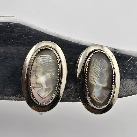 SARAH COVENTRY Cameo Earrings 925 Sterling Silver Art Deco Abalone Shell 1969
