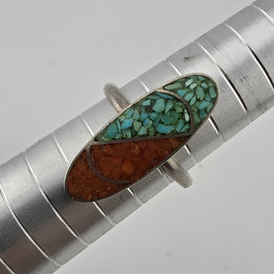 Sterling Silver Ring Turquoise Coral Chip Inlay Size 6.75 Native American VTG