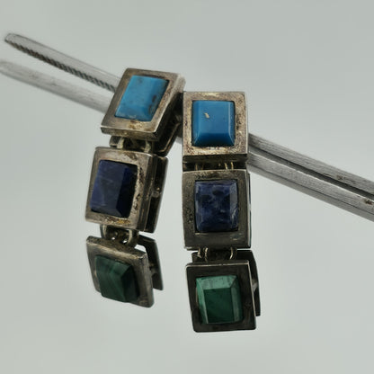 Sterling Silver Earrings Turquoise Malachite Lapis Taxco Drop Post Vintage