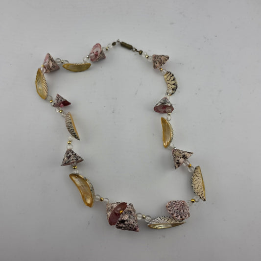 Sea Shell Bead Necklace Pink Green Gold Boho Tribal Ethnic Vintage 16 Inches