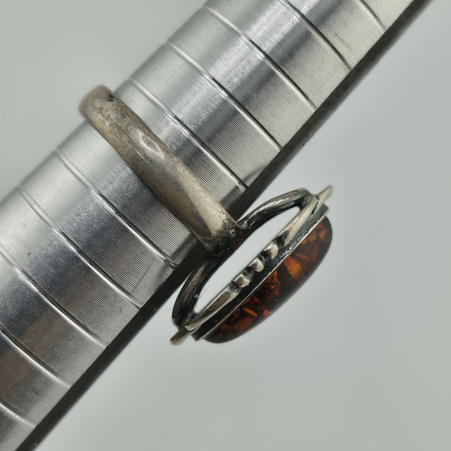 Baltic Amber Sterling Silver Ring Oval Stone Gothic Modernist 7 Polish