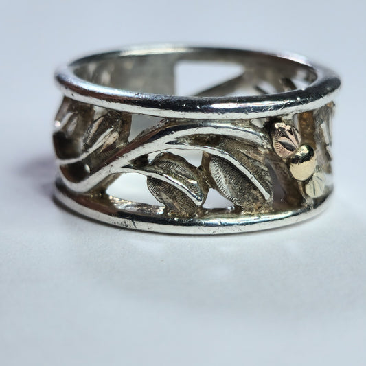 925 Sterling Silver Ring Gold Accent Botanical Design Openwork Band Size 6.50