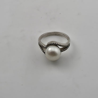 Sterling Silver Pearl Cubic Zirconia Swirl Halo Bypass Ring Size 7.75
