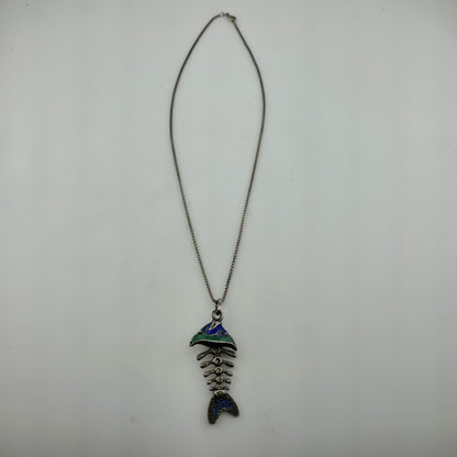 Sterling Silver 925 Green Blue Enamel Fish Bone Pendant Moveable Parts Vintage