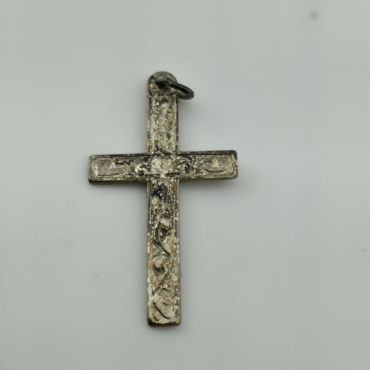 STERLING SILVER CROSS PENDANT ENGRAVED Abstract 925 Christianity Catholic Patina