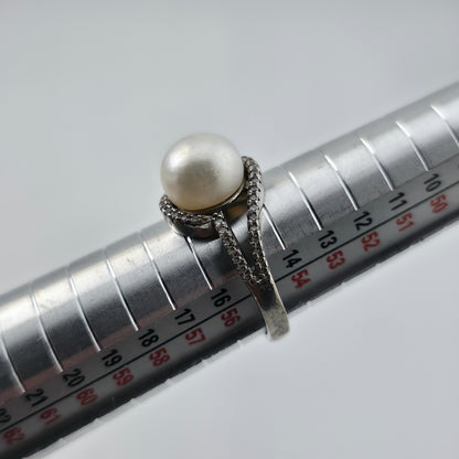Sterling Silver Pearl Cubic Zirconia Swirl Halo Bypass Ring Size 7.75