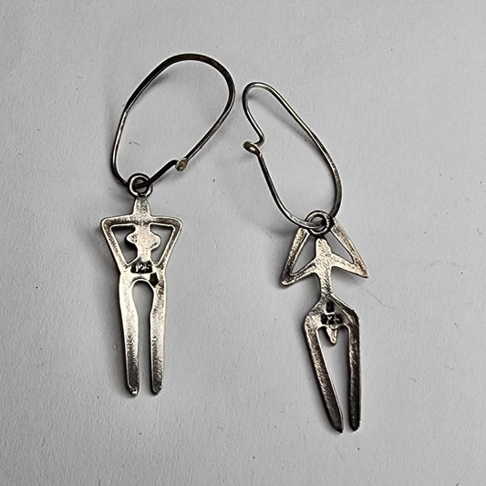 925 Sterling Silver Earrings Abstract Human Figure Unique Artisan Dangle Vintage