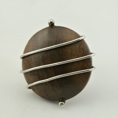 925 Sterling Silver Ring dark Wood Bold Abstract MCM unique Adjustable