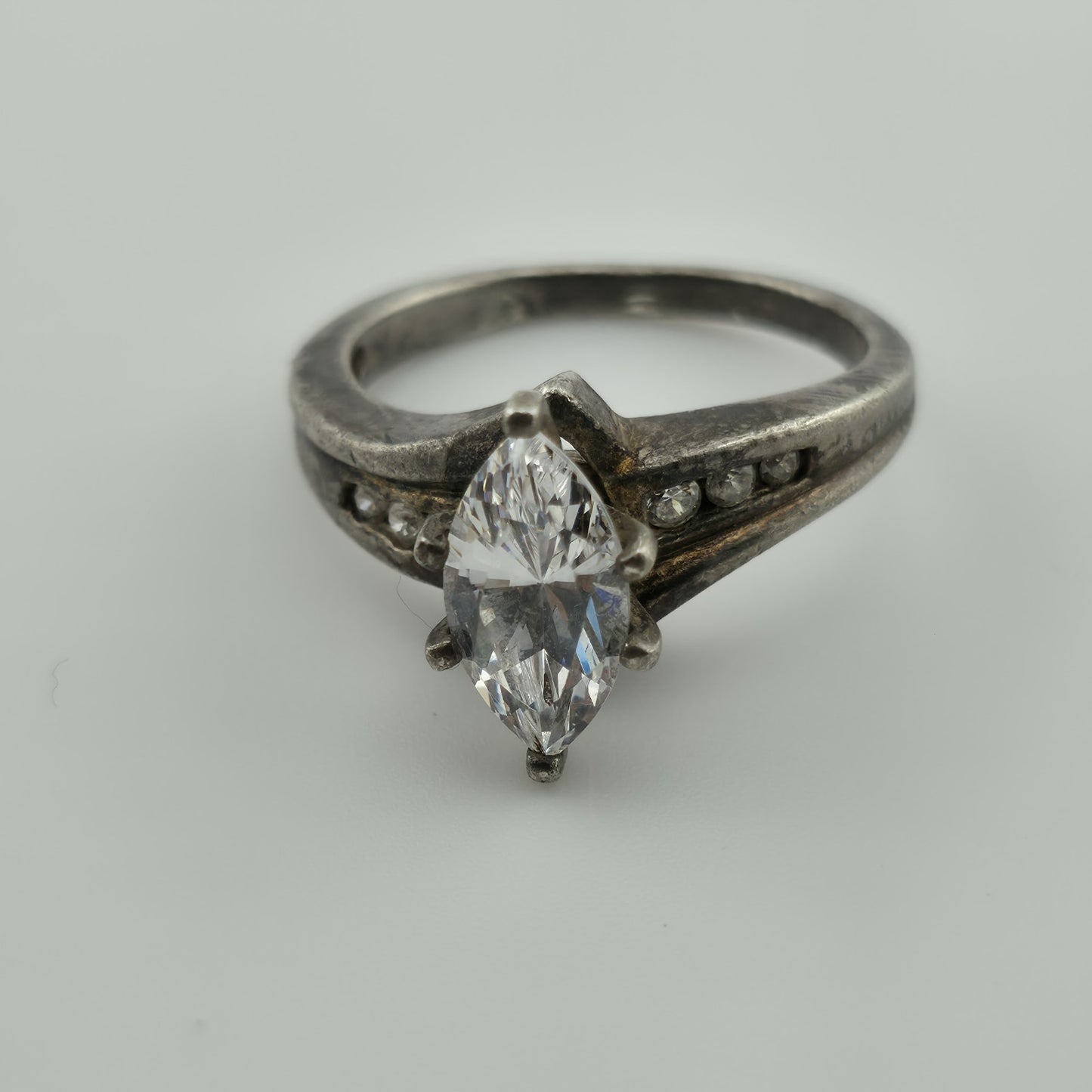 DQCZ Sterling Silver Ring Diamonique Marquis Colorless Stone Patina 7.75