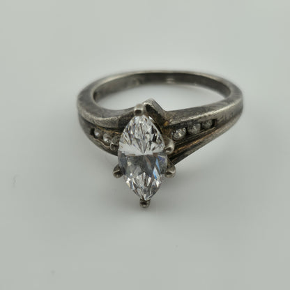 DQCZ Sterling Silver Ring Diamonique Marquis Colorless Stone Patina 7.75