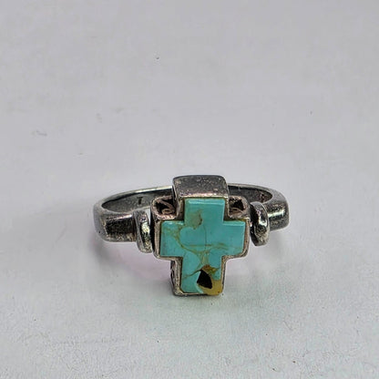 925 Sterling Spinner Ring Turquoise Cross Double Sided Articulated Vintage PD  7