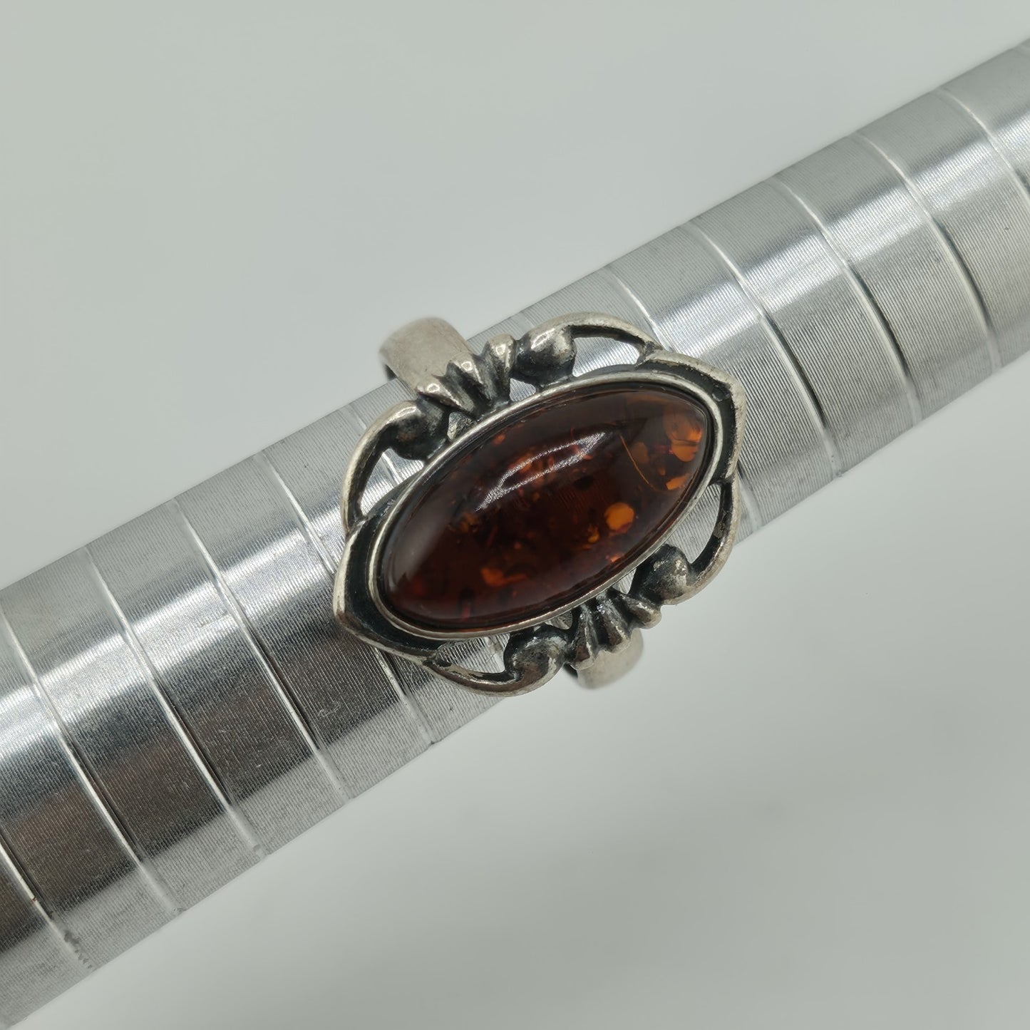 Baltic Amber Sterling Silver Ring Oval Stone Gothic Modernist 7 Polish