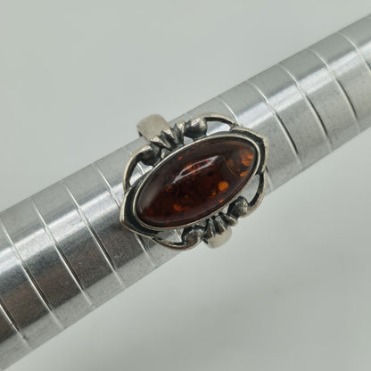 Baltic Amber Sterling Silver Ring Oval Stone Gothic Modernist 7 Polish