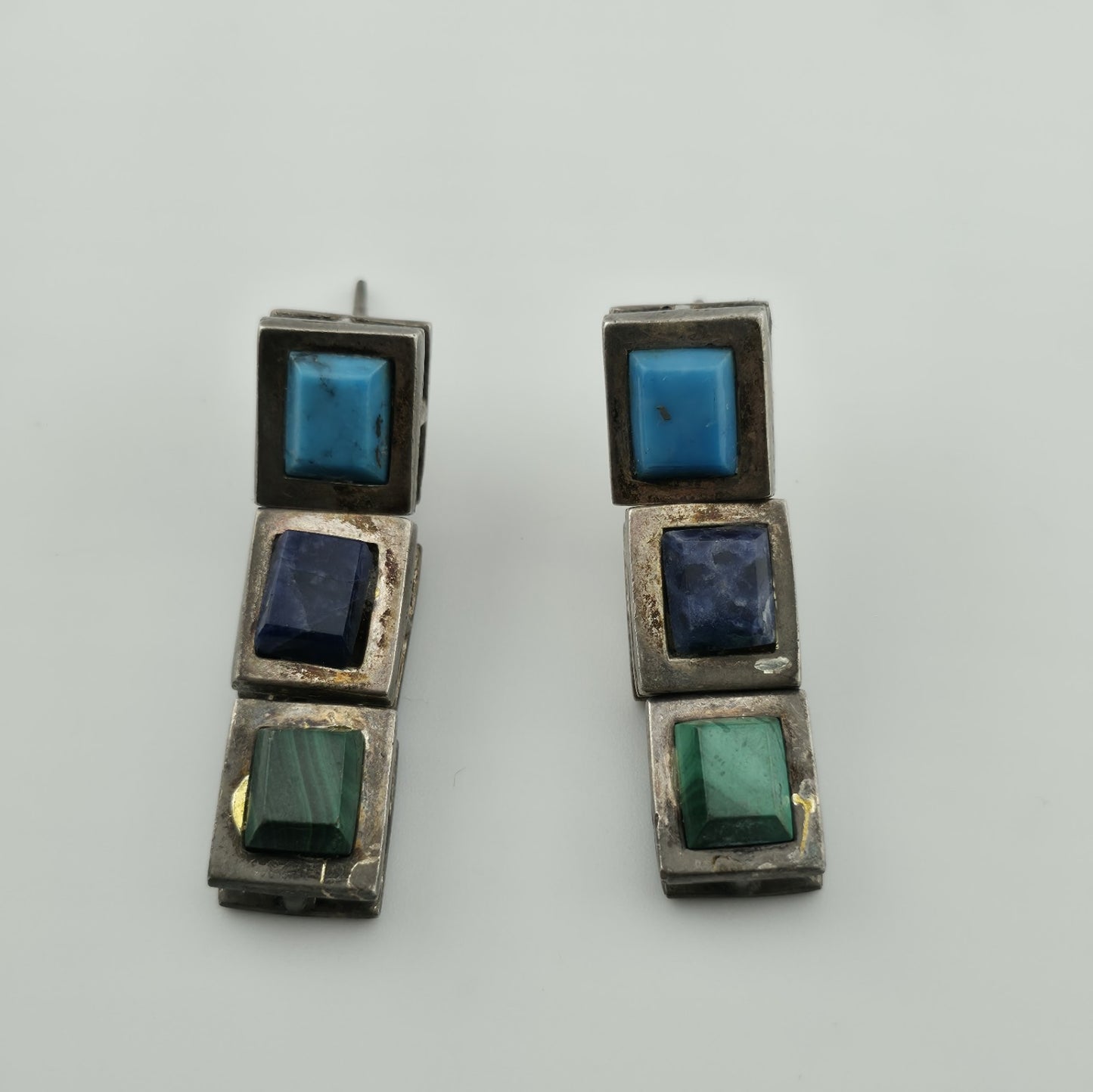 Sterling Silver Earrings Turquoise Malachite Lapis Taxco Drop Post Vintage