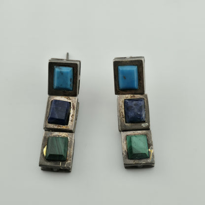 Sterling Silver Earrings Turquoise Malachite Lapis Taxco Drop Post Vintage