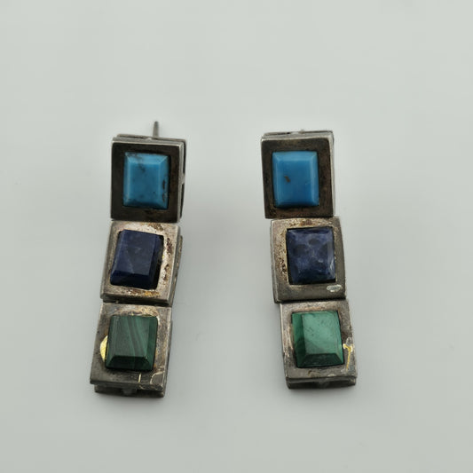 Sterling Silver Earrings Turquoise Malachite Lapis Taxco Drop Post Vintage