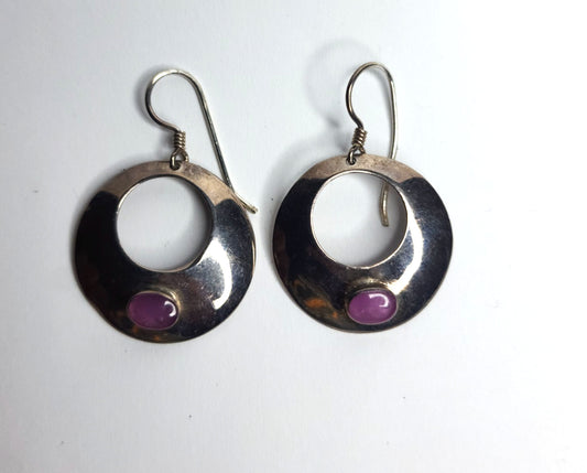 925 Sterling Silver Earrings Dangle Purple Stone Modernist Circle Signed NF VTG