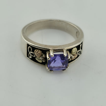 Black Hills Gold Ring Amethyst sterling silver 12k Gold Leaves Size 10 Vintage