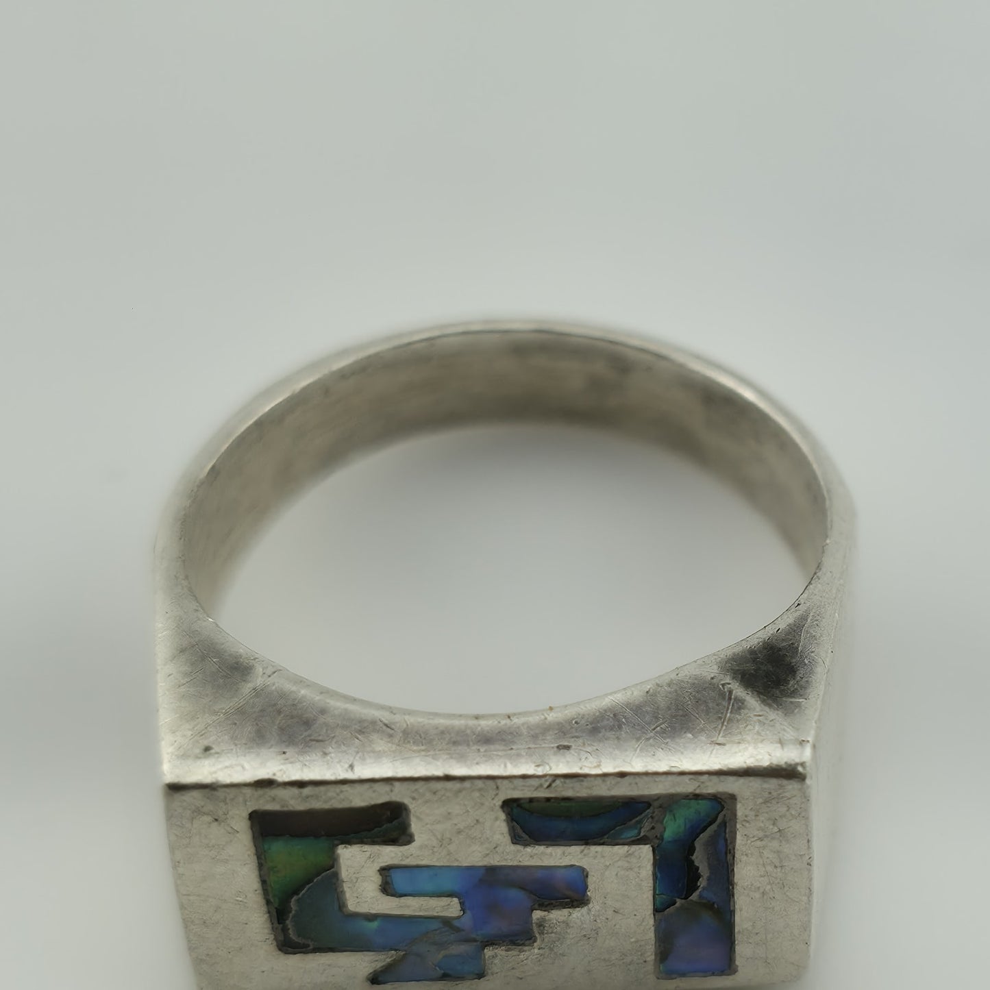 Vintage Taxco Sterling Silver Ring Abalone Geometric Native Mexico Size 5.5