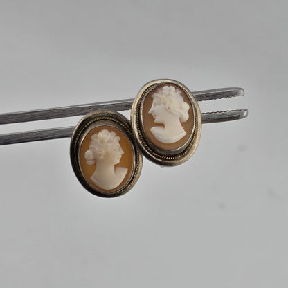 800 Silver  Antique Cameo Screw Back Earrings Vintage European Jewelry
