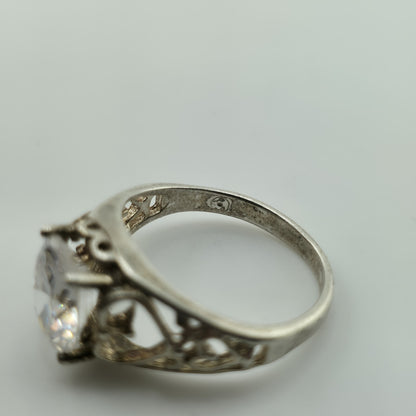Sterling Silver 925 Large Clear Stone Ring Filigree Heart Vintage Size 7.5
