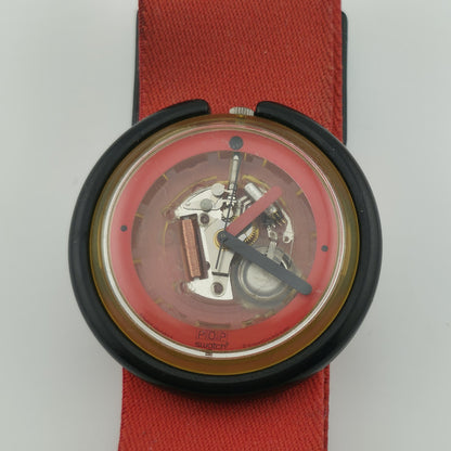 Vintage Swatch Pop Watch 1988 Red Band Skeleton Transparent Dial Rare New Batter
