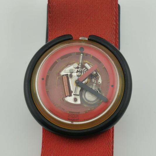 Vintage Swatch Pop Watch 1988 Red Band Skeleton Transparent Dial Rare New Batter