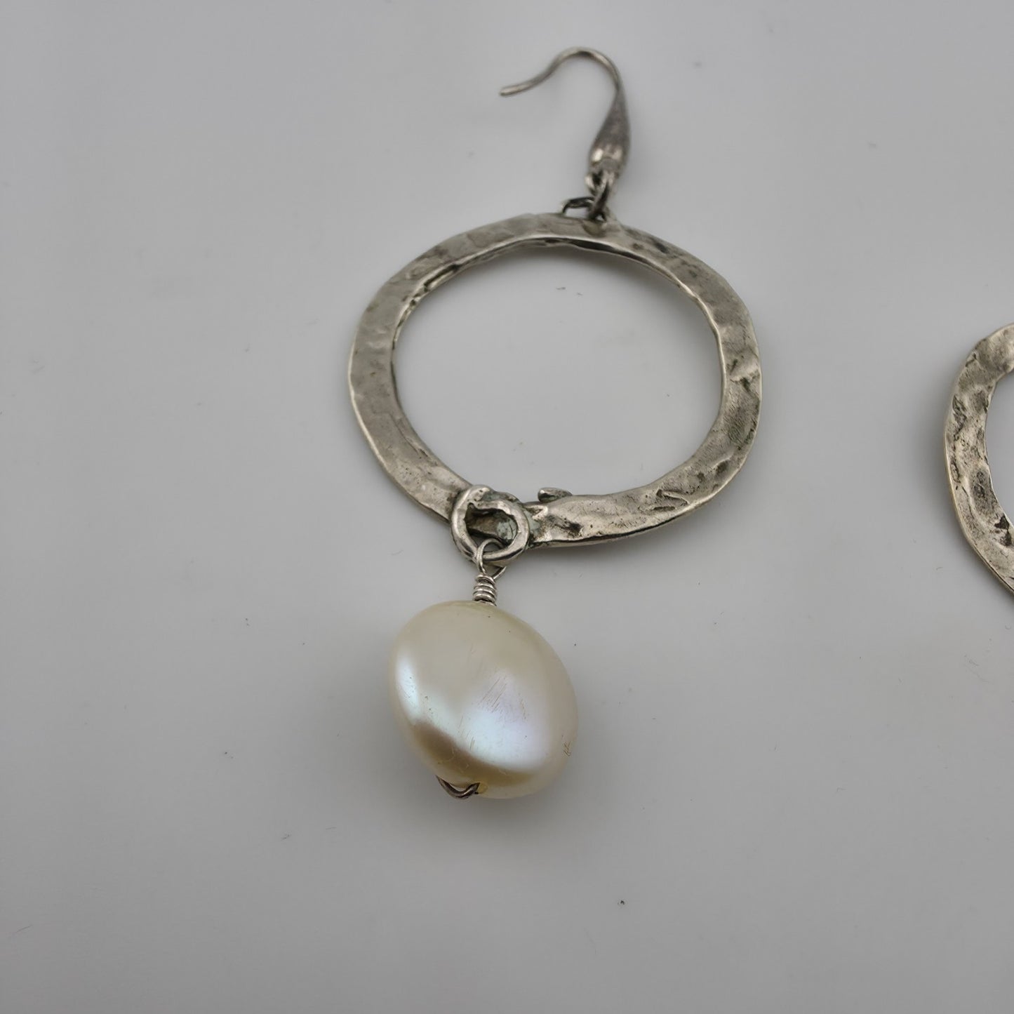 Sterling Silver Earrings Hammered Textured Hoops Dangle Freshwater Pearls 925