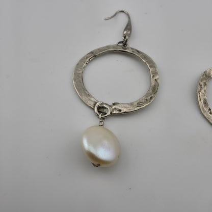 Sterling Silver Earrings Hammered Textured Hoops Dangle Freshwater Pearls 925