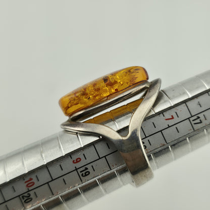 Vintage Ring MCM Sterling Silver Natural Honey Amber Unique Abstract Adjustable