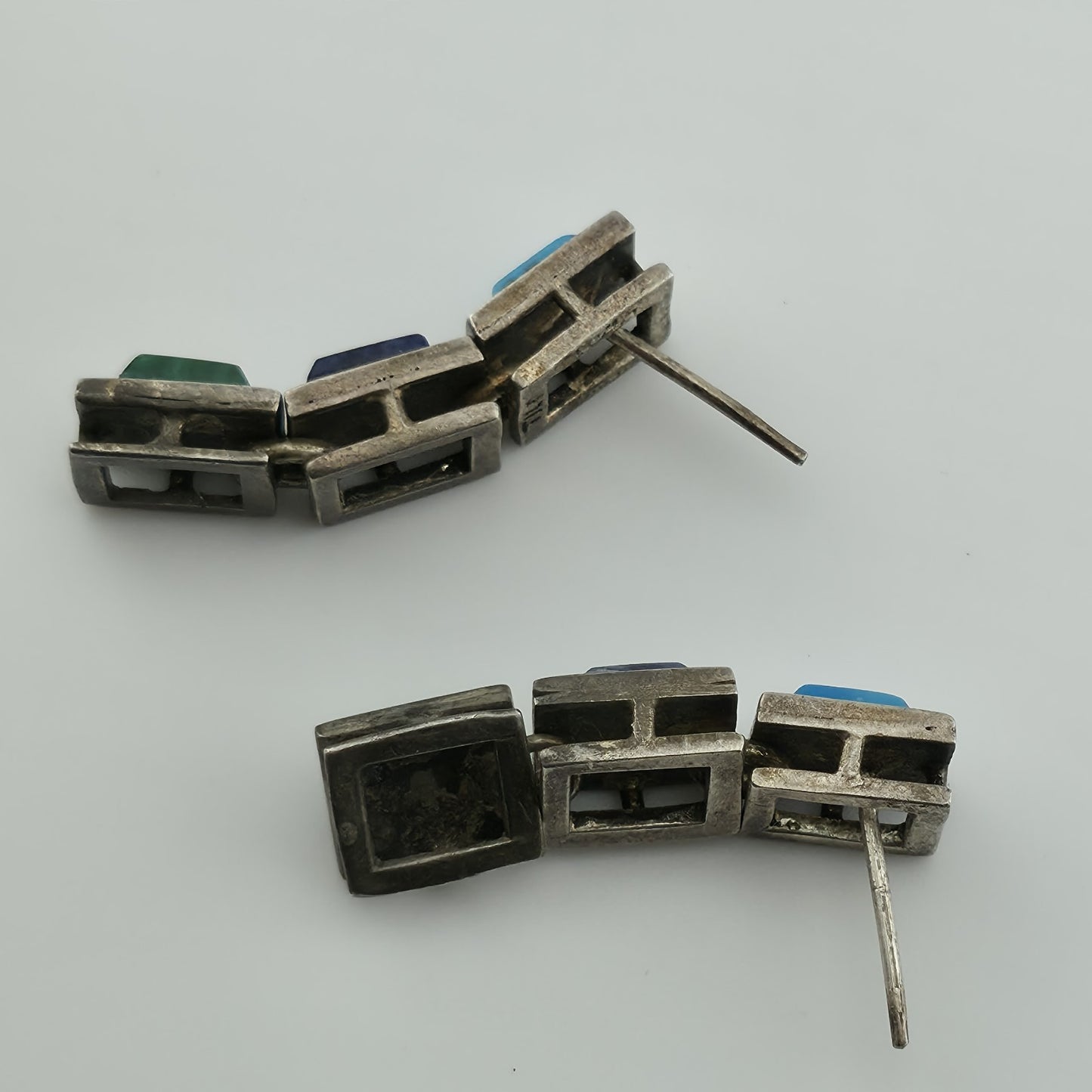 Sterling Silver Earrings Turquoise Malachite Lapis Taxco Drop Post Vintage