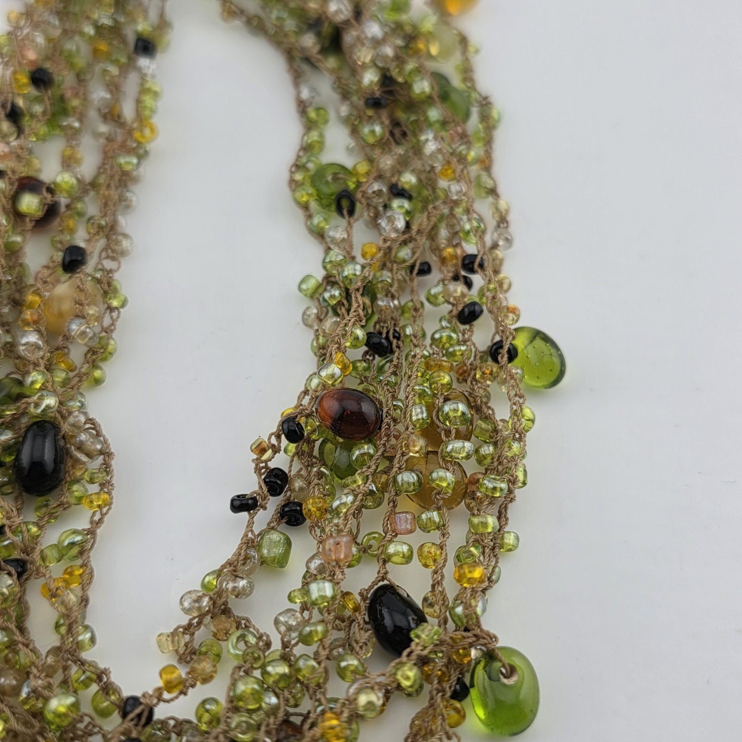 Multistrang Gemstone Handmade Crochet Necklace Olive, avocado Green tones 18"