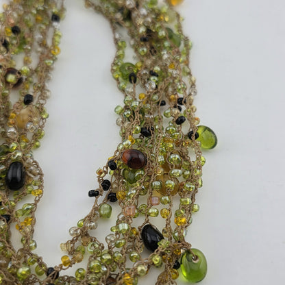 Multistrang Gemstone Handmade Crochet Necklace Olive, avocado Green tones 18"