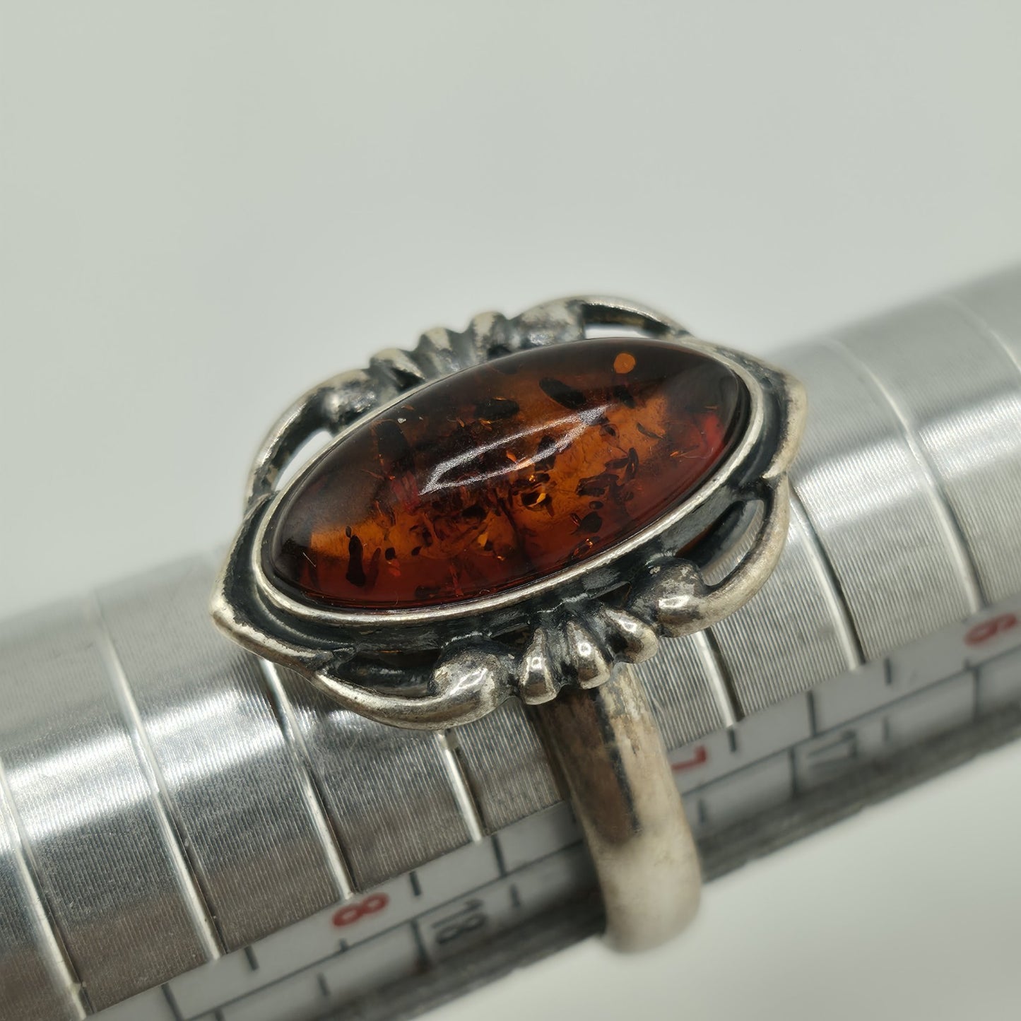 Baltic Amber Sterling Silver Ring Oval Stone Gothic Modernist 7 Polish