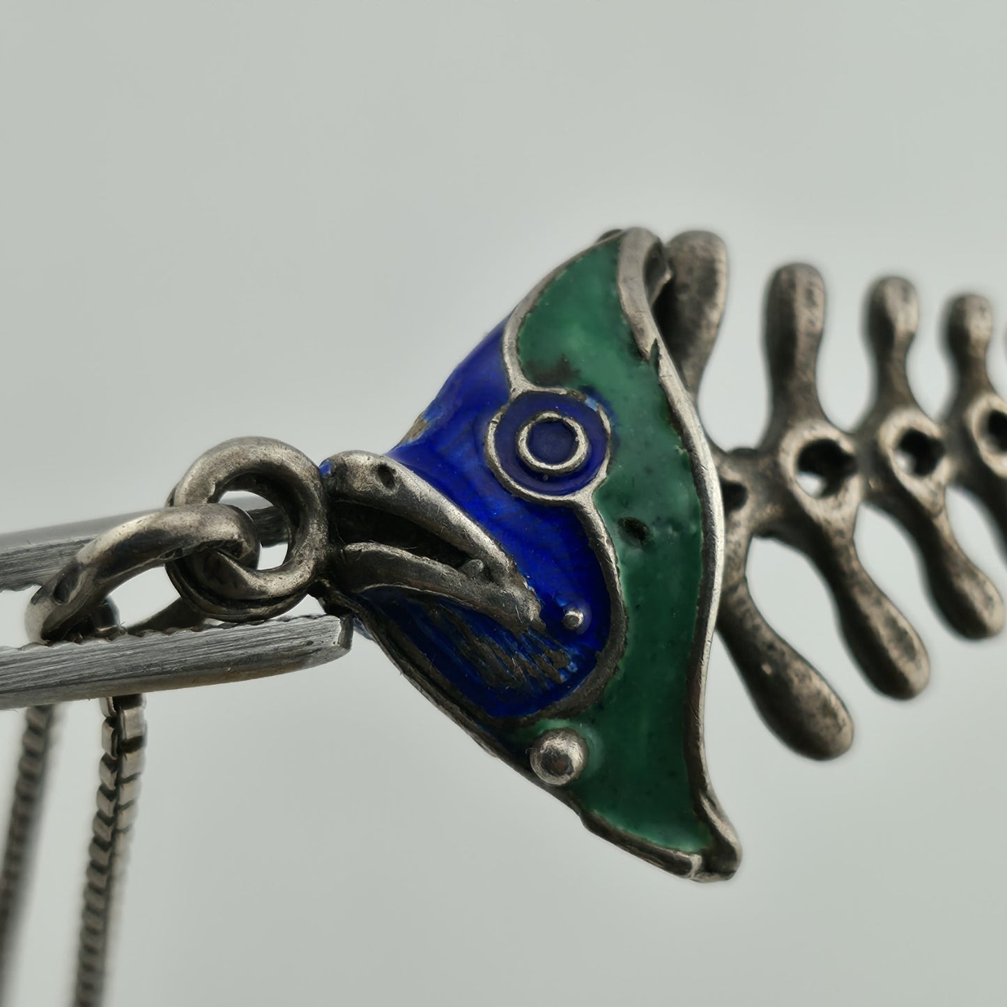 Sterling Silver 925 Green Blue Enamel Fish Bone Pendant Moveable Parts Vintage