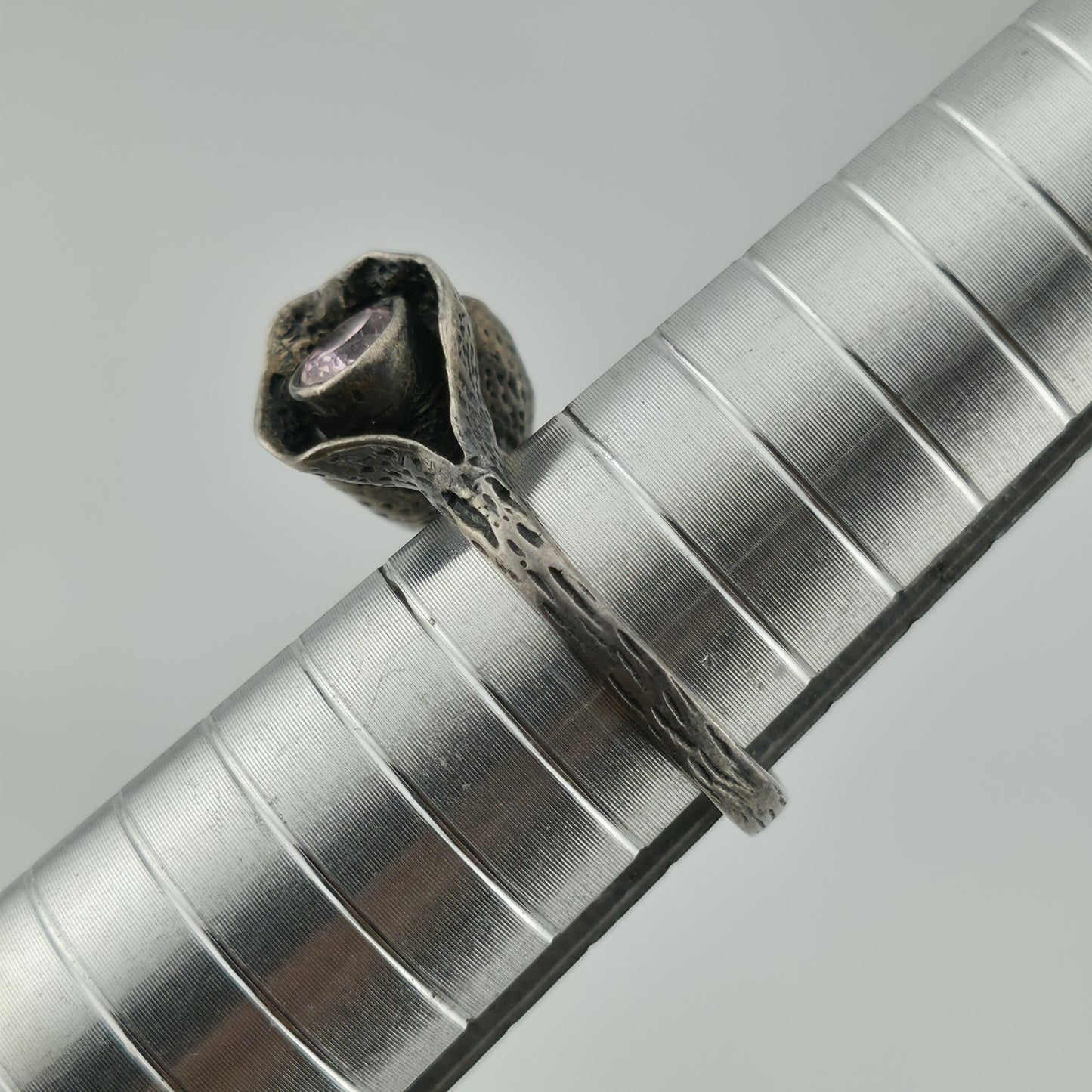 Sterling Silver 925 Ring Brutalist Organic Textured Floral Double Pink Stone 6.7