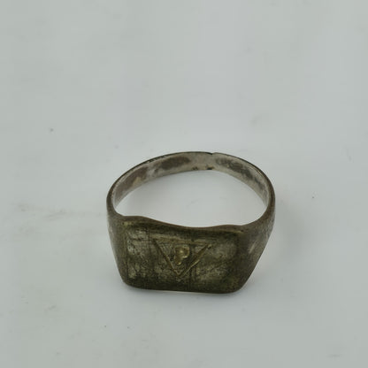 WWII Poland “P” Signet Ring Brass Size 10 Heavy Wear Wartime Military Jewelry