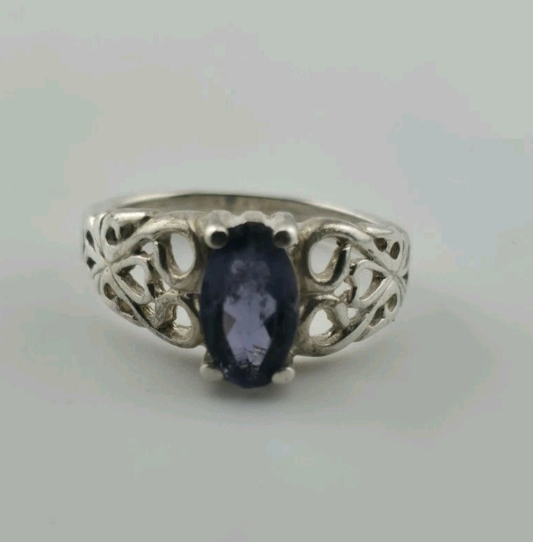 sterling silver Ring Purple amethyst Oval Stone Filigee Open Work Band size 5.25