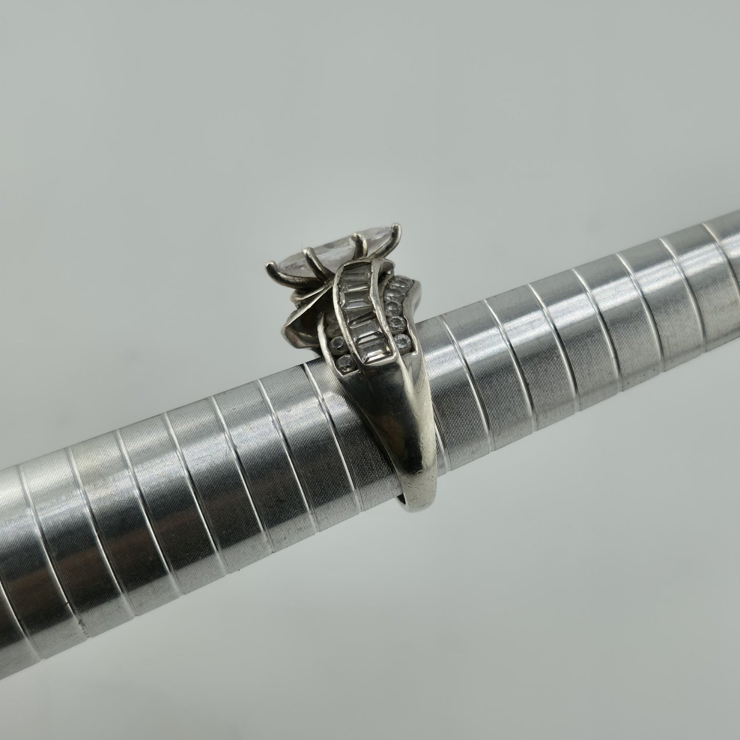 Sterling Silver Ring Marquise Clear Stone Baguette Design Size 6.75 Vintage 925