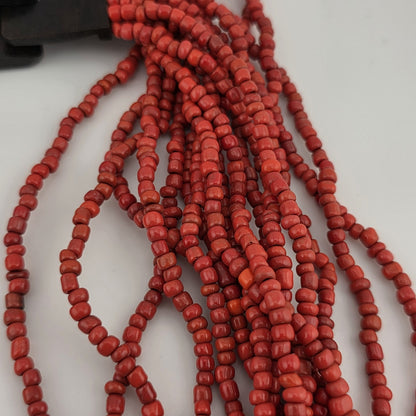 Dark Red Glass Bead Multistrand, Layered Necklace With Wooden Square Closure