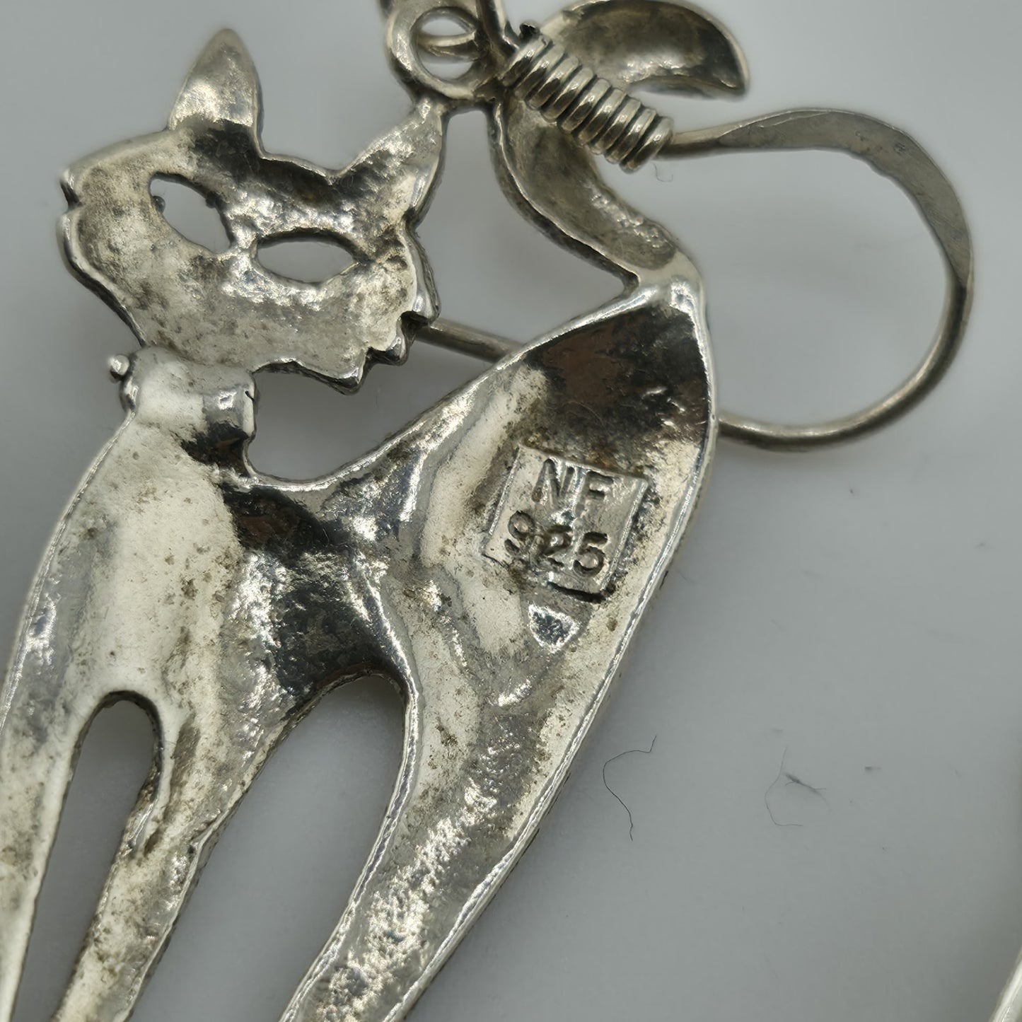 Sterling Silver Modernist Kitty Cat MCM Dangle Hook Earrings 4g 925 NF Vintage
